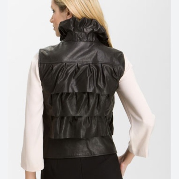 DVF DIANE von FURSTENBERG Genuine Leather Black Cupcake Bomber Vest Ruff… - Picture 2 of 9